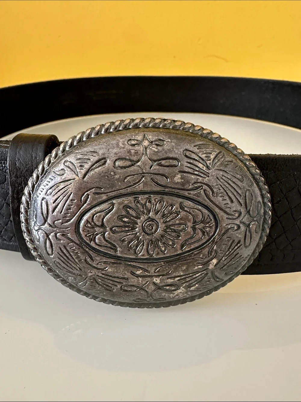 Western Tooled Black Leather Belt with Removable Oval Silver-tone Buckle 34